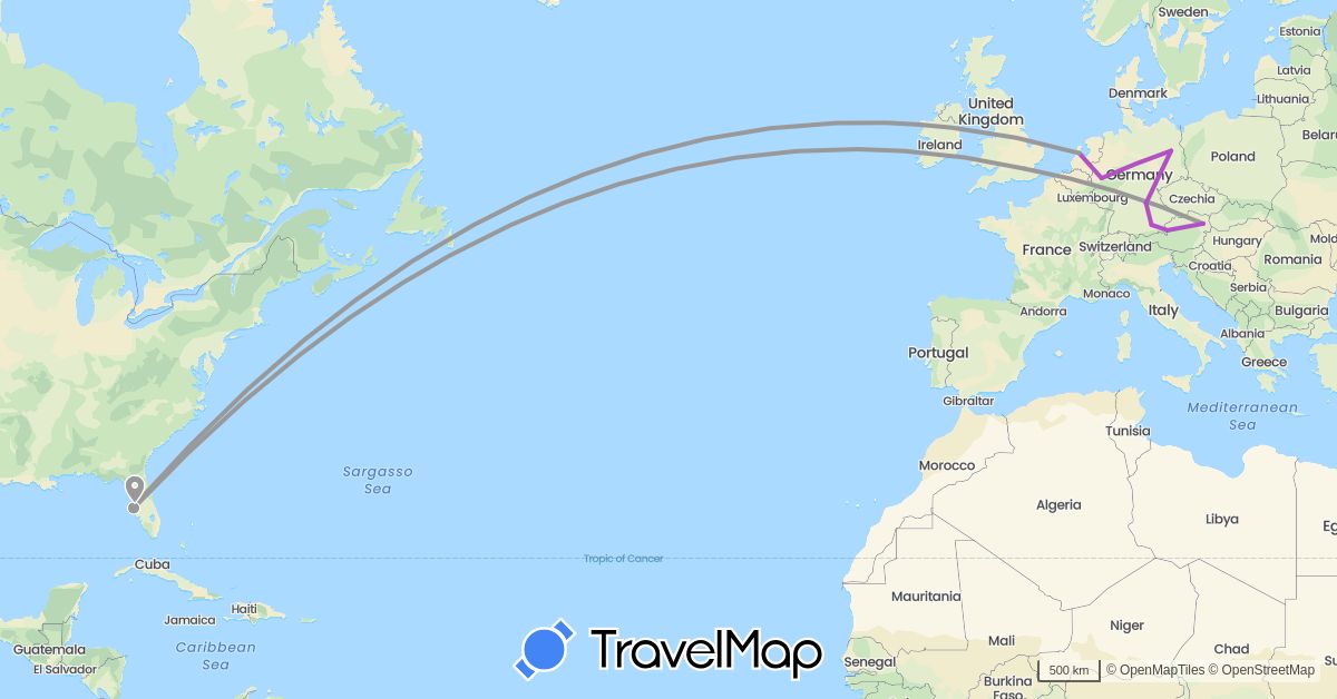 TravelMap itinerary: driving, plane, train in Austria, Germany, United Kingdom, Netherlands, United States (Europe, North America)